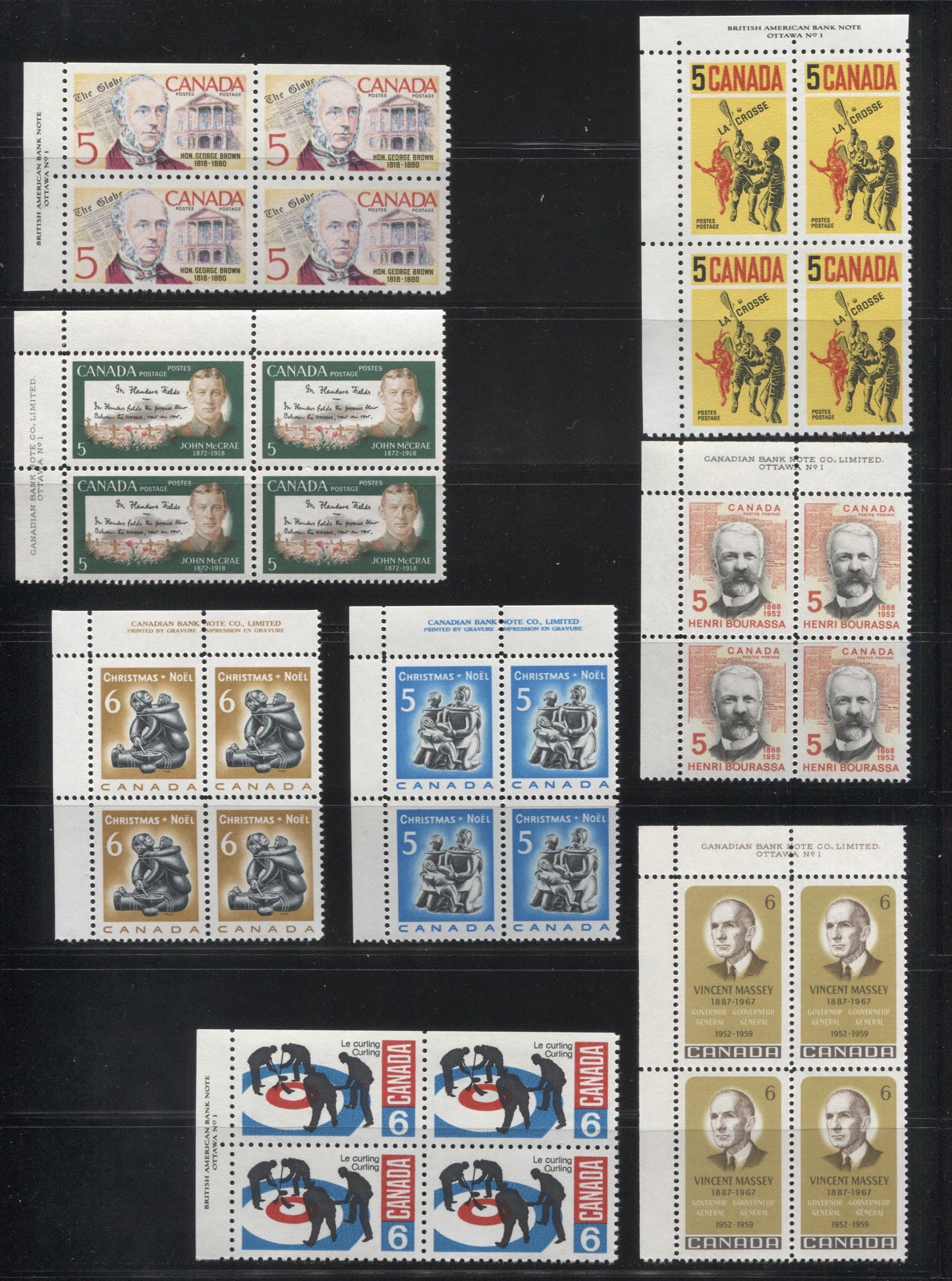 Lot 86 Canada #479-485, 487-491 5c & 6c Dark And Light Blue, Yellow & Red - Yellow Olive & Dark Brown Weather Map & Instruments - Vincent Massey, 1968-1969 Commemoratives, 12 VFNH UL Plate 1 Blocks Of 4 On Dull, Medium, HF and HB Papers