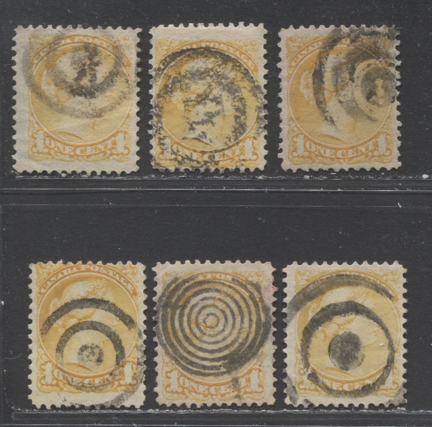 Lot 86 Canada #35i 1c Yellow and Lemon Yellow Queen Victoria, 1870-1897 Small Queen Issue, Six Fine Used Examples Montreal, Various Perfs, Soft and Stout Horizontal Wove and Soft Vertical Wove, All With Clear Target and Bullseye Cancels