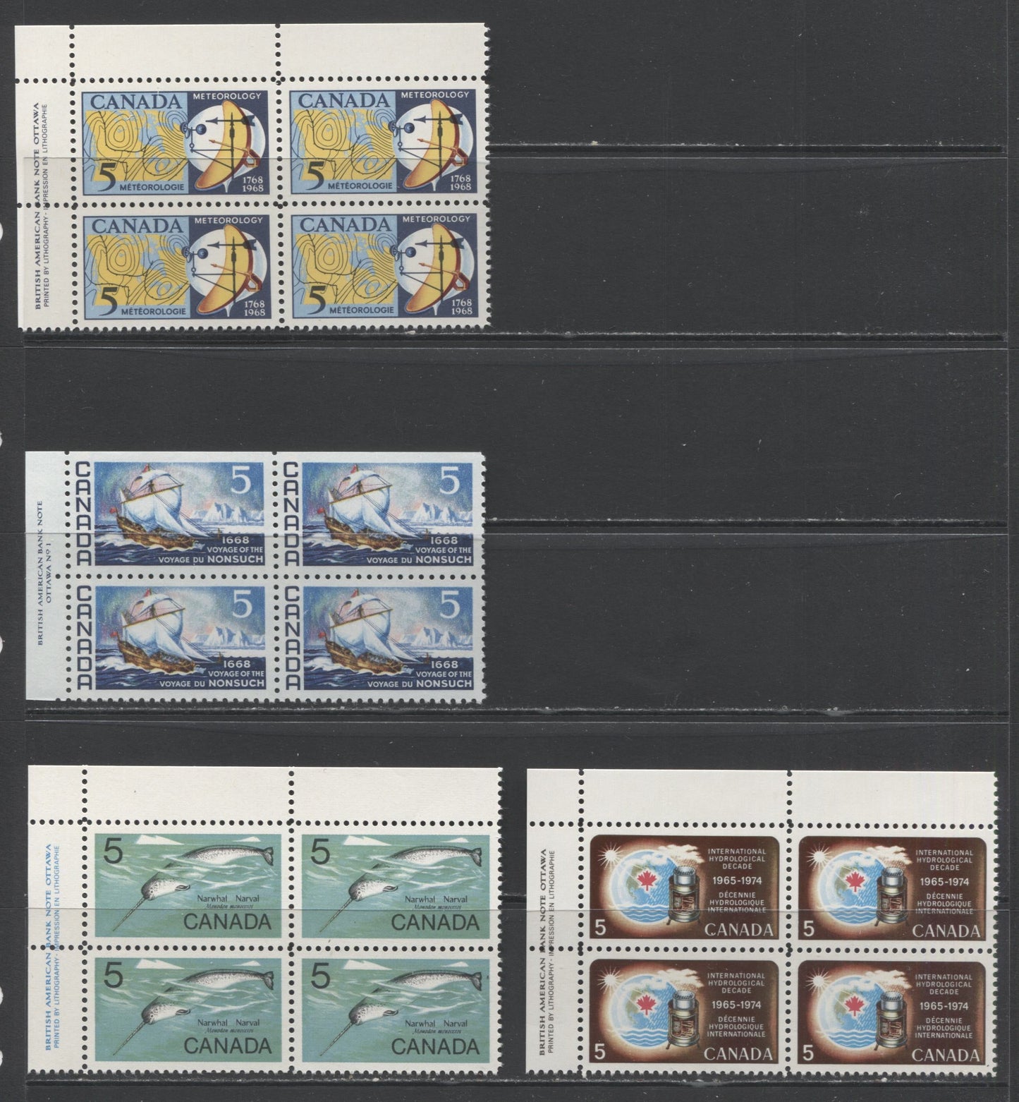 Lot 86 Canada #479-485, 487-491 5c & 6c Dark And Light Blue, Yellow & Red - Yellow Olive & Dark Brown Weather Map & Instruments - Vincent Massey, 1968-1969 Commemoratives, 12 VFNH UL Plate 1 Blocks Of 4 On Dull, Medium, HF and HB Papers