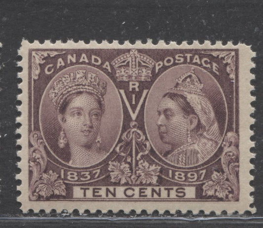 Lot 87 Canada #57 10c  Deep Brown Violet Queen Victoria, 1897 Diamond Jubilee Issue, A Fine NH Example Showing Light Horizontal Guideline in Bottom Margin