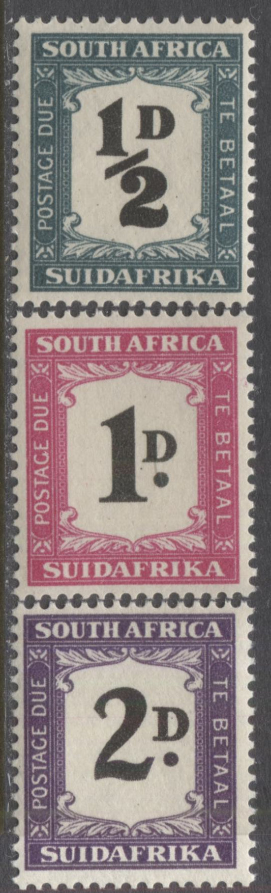 Lot 87 South Africa SG#D34-D36, 1948-1949 Rotogravure Bilingual Postage Dues, 3 Fine NH and VFNH Singles, Perf 15 x 14, Mult Springbok's Head Watermark, SG. Cat. 47.00 GBP = $80.84