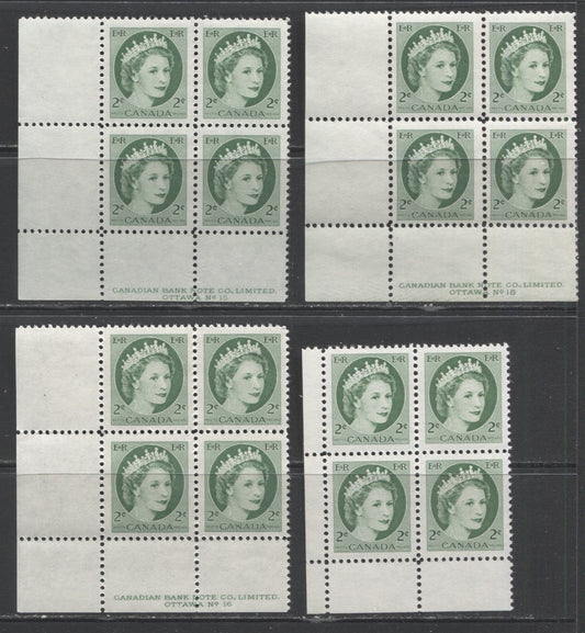 Lot 87 Canada #338 2c Green Queen Elizabeth II, 1954 Wilding Issue, 4 Fine and VFNH LL Plates 15-16, 18 & Blank Blocks Of 4