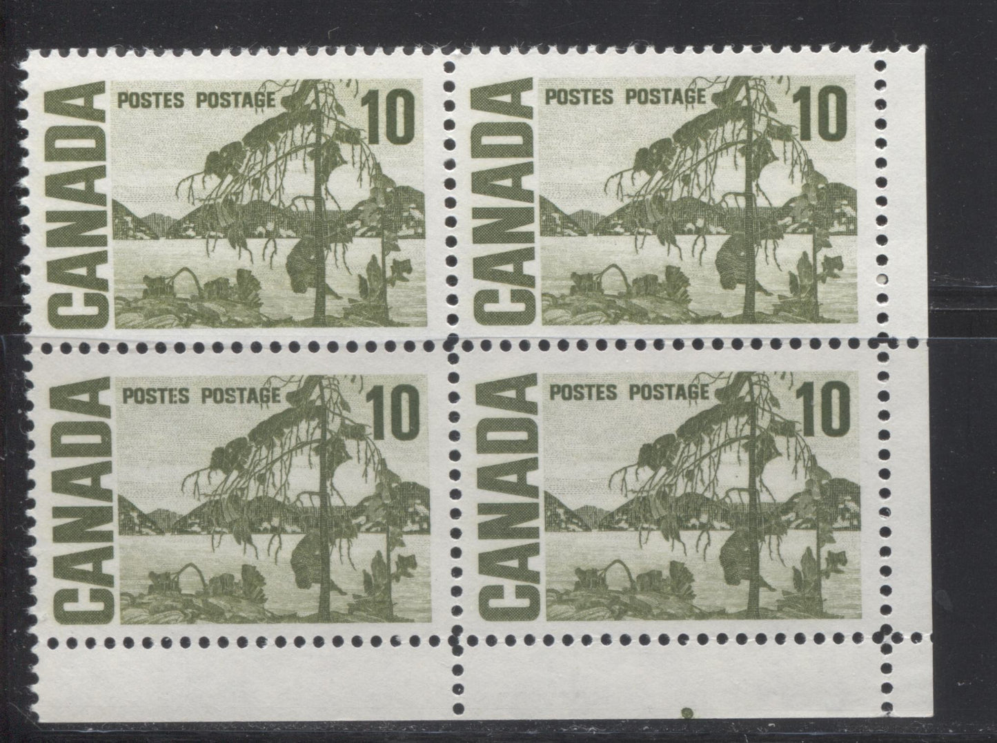 Lot 87 Canada #462iii 10c Olive Green Jack Pine, 1967-1973 Centennial Definitive Issue, A VFNH LR Field Stock Block Of 4 On HB11 Vertical Wove, Vertical Ribbed Paper With Black Ink Under UV And Spotty White Gum, Plate Position Dot