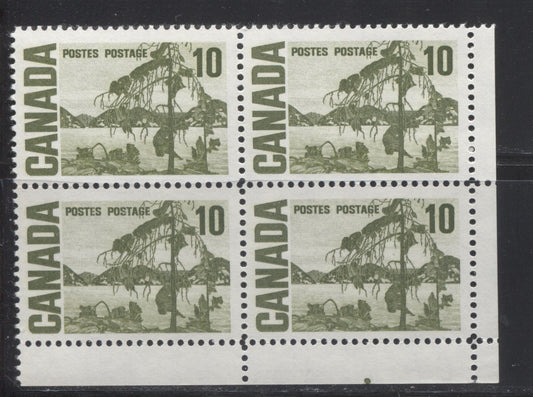 Lot 87 Canada #462iii 10c Olive Green Jack Pine, 1967-1973 Centennial Definitive Issue, A VFNH LR Field Stock Block Of 4 On HB11 Vertical Wove, Vertical Ribbed Paper With Black Ink Under UV And Spotty White Gum, Plate Position Dot