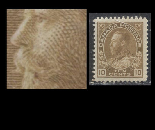 Lot 87 Canada #118 10c Brownish Ochre (Bistre Brown) King George V, 1911-1924 Admiral Issue, A VFOG Single With A Retouched Frameline, Dry Printing, Showing "Spot on Beard" Variety