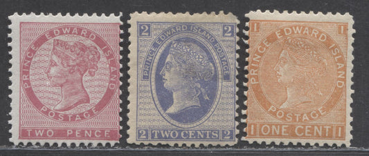 Lot 88 PEI #5, 11-12 2d - 2c Rose - Ultramarine Queen Victoria, 1862-1872 Second Pence & First Cents Issues, 3 Good/Fine OG Singles, Small Thin On 2c, 2d Perf 11.9, 2c Perf 12.1 x 12.2, 1c Perf 11.8