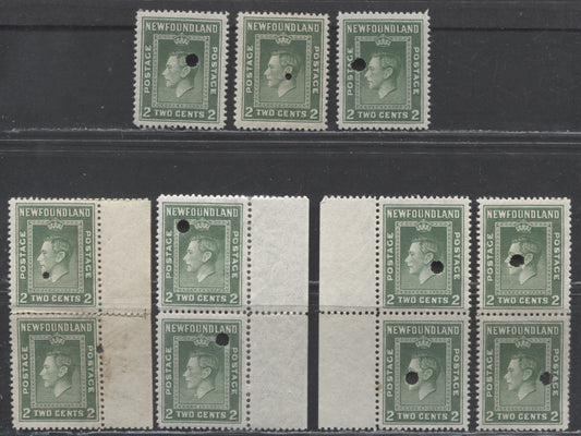 Lot 88 Newfoundland #254var 2c Green King George VI, 1941-1944 Second Resources Issue, Eight VFNH, Fine NH and Unused Examples of Requisition Proofs, Various Perfs and Punch Hole Sizes