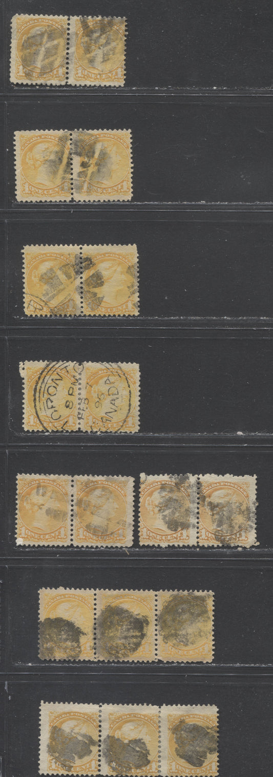 Lot 88 Canada #35, 35i 1c Yellow and Orange Yellow Queen Victoria, 1870-1897 Small Queen Issue, Eight VG and Fine Used Pairs and Strips of 3 Montreal and Second Ottawa, Various Perfs, Various Papers, Mostly With Cork Cancels