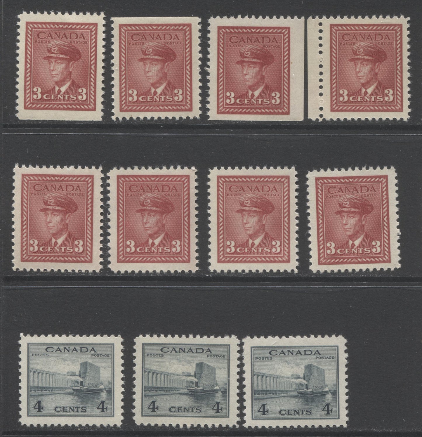 Lot 88 Canada #251-as, 253 3c & 4c Dark Carmine & Greenish Black King George VI & Grain Elevators, 1942-1943 War Issue, 11 VFNH Sheet & Booklet Singles With Different Shades & Papers