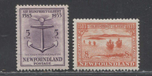 Lot 88 Newfoundland #216, 218 5c & 8c Dull Violet & Orange Red Token From QE I & Fleet Leaving Plymouth, 1933 Sir Humphrey Gilbert Issue, 2 VFOG Singles