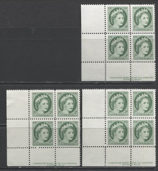 Lot 88 Canada #338 2c Green Queen Elizabeth II, 1954 Wilding Issue, 3 VFNH LL Plates 12, 19 & 20 Blocks Of 4