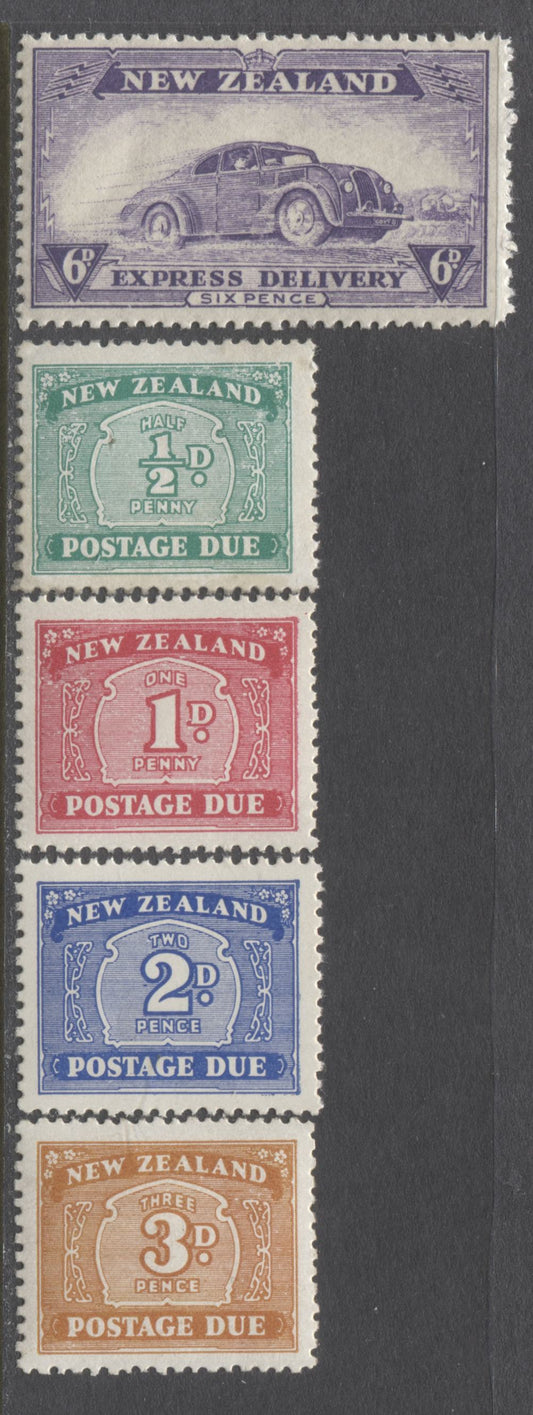 Lot 88 New Zealand SG#E6, D41-D44 1939-49 Special Delivery & Postage Due, 2 Complete Fine NH and VFNH Sets. Single NZ + Star Wmk, Various Perfs, SG. Cat. 48 GBP = $82.56