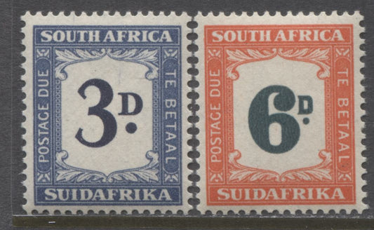 Lot 88 South Africa SG#D37-D38, 1948-1949 Rotogravure Bilingual Postage Dues, 2 VFNH Singles of the 3d and 6d, Perf 15 x 14, Mult Springbok's Head Watermark, SG. Cat. 40.00 GBP = $68.80