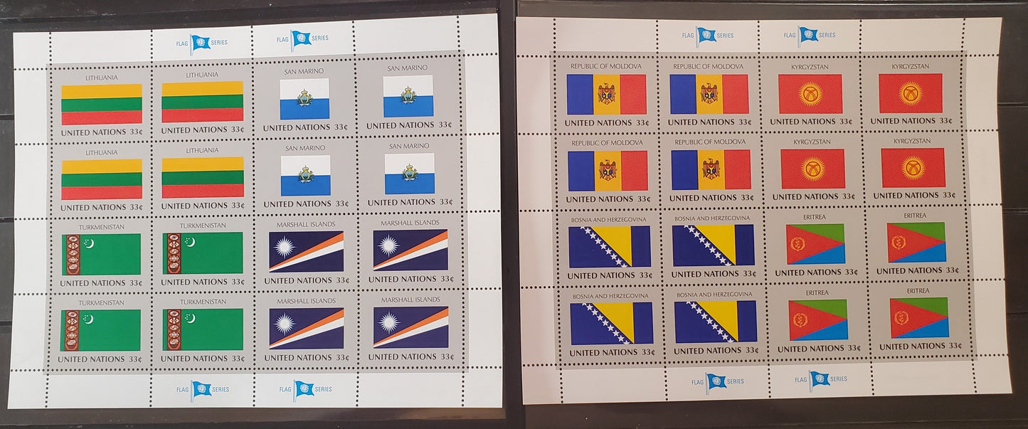 Lot 88 United Nations SC#744-751 1999 Flag Issue, On DF/DF Paper, 2 VFNH Sheets Of 16, Click on Listing to See ALL Pictures, 2017 Scott Cat.  $44.8 USD