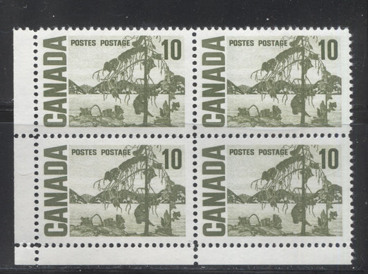 Lot 89 Canada #462iii 10c Olive Green Jack Pine, 1967-1973 Centennial Definitive Issue, A VFNH LL Field Stock Block Of 4 On HB10 Vertical Wove, Vertical Ribbed Paper With Black Ink Under UV And Spotty White Gum, Narrow Selvedge