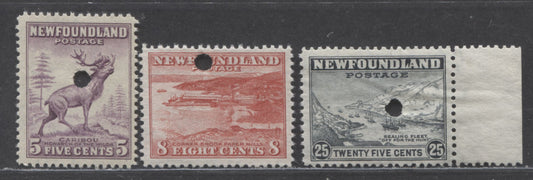 Lot 89 Newfoundland #257p, 259p, 265p 5c - 25c Violet, Red & Slate Caribou, Corner Brook Paper Mill & Sealing Fleet, 1941-1944 Second Resources Issue, 3 Fine/Very Fine Unused Singles, Requisition Proofs With Security Punches, Waterlow Printing