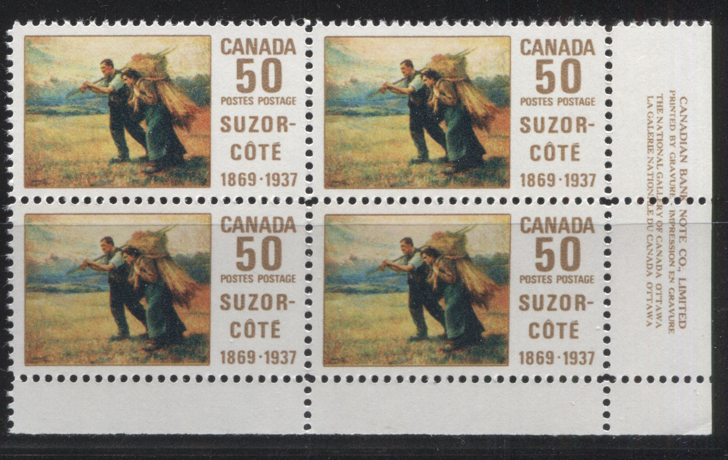 Lot 89 Canada #492 50c Multicolored Return From The Harvest Field, 1969 Suzor-Cote Issue, A VFNH LR Plate Block Of 4