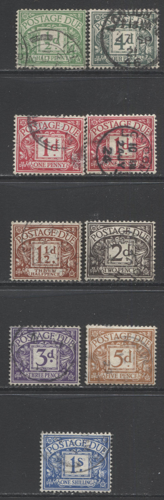Lot 89 Great Britain SC#J1-J8 1914-1922 Postage Dues With Royal Cypher Watermark, A F/VF Used Range Of Singles, 2017 Scott Cat. $37.55 USD, Click on Listing to See ALL Pictures