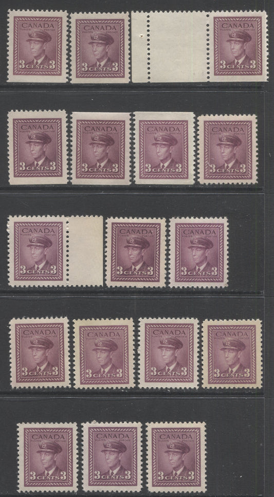 Lot 89 Canada #252-bs 3c Rose Violet King George VI, 1942-1943 War Issue, 17 VFNH Sheet & Booklet Singles With Different Papers, Shades & Gums