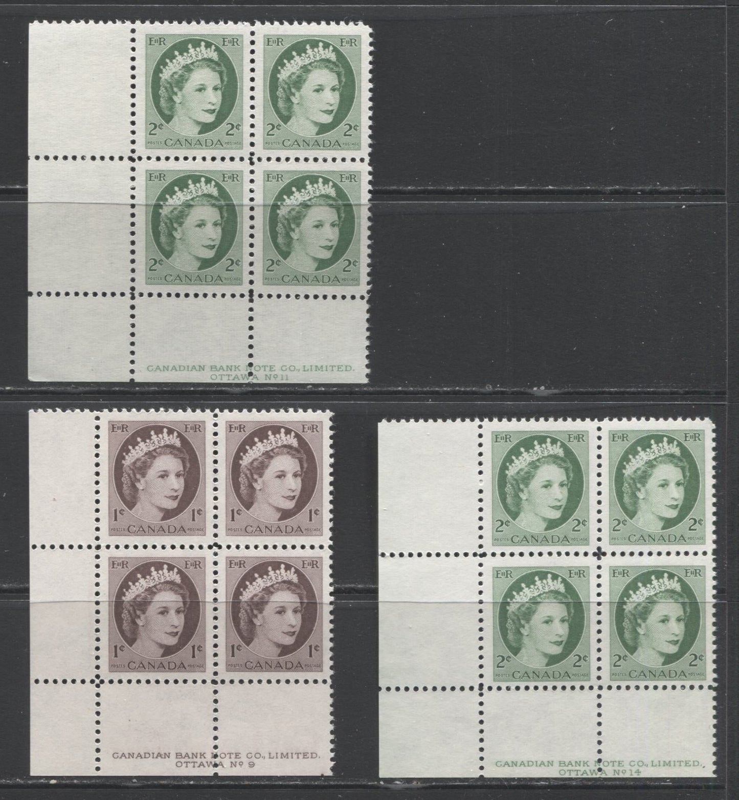 Lot 89 Canada #337-338 1c & 2c Violet Brown & Green Queen Elizabeth II, 1954 Wilding Issue, 3 VFNH LL Plates 9, 11 & 14 Blocks Of 4