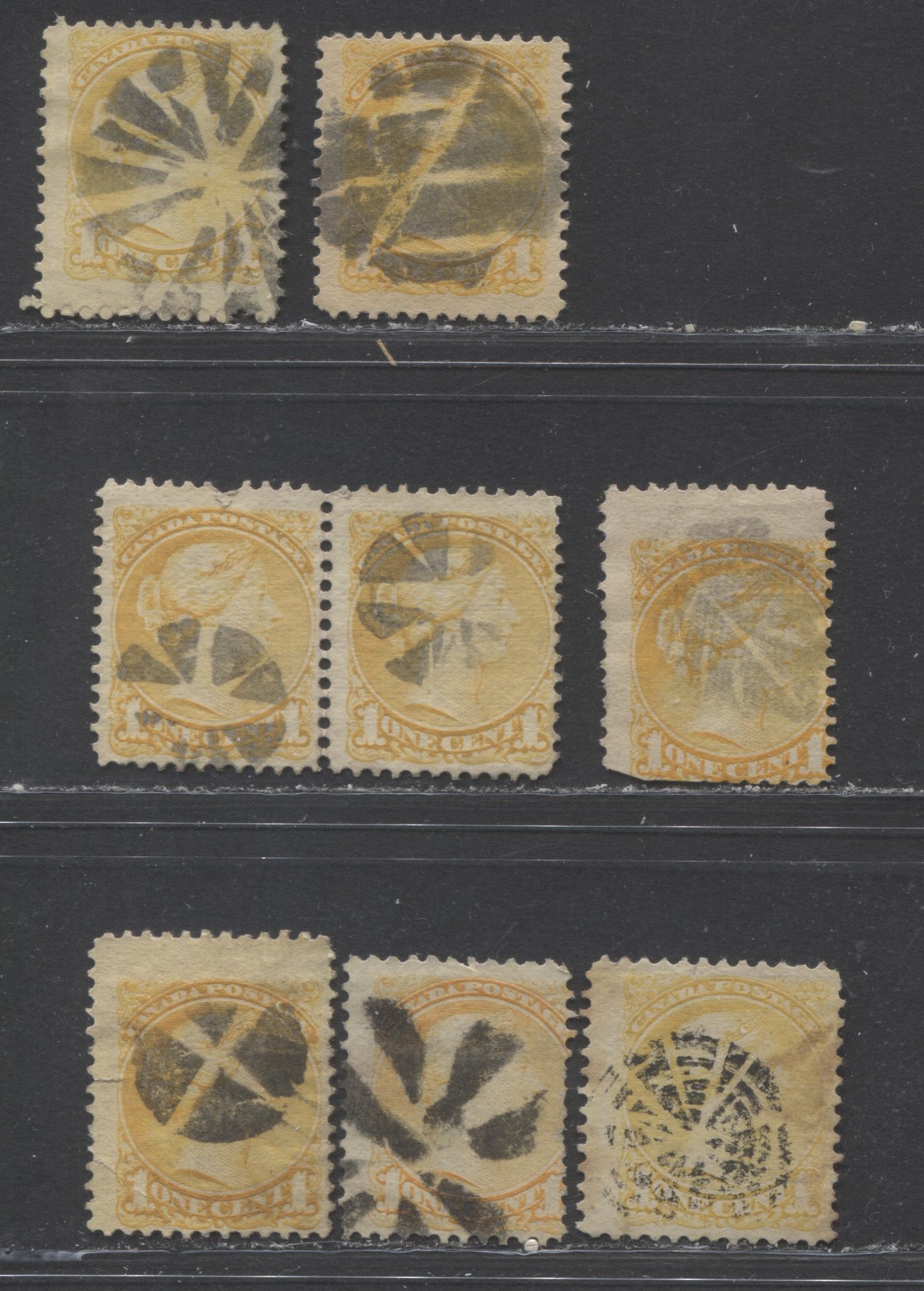 Lot 89 Canada #35 1c Yellow and Lemon Yellow Queen Victoria, 1870-1897 Small Queen Issue, Seven Good to Fine Used Singles and a Pair Montreal and Second Ottawa, Various Perfs, Various Papers, All With Better Fancy Cancels