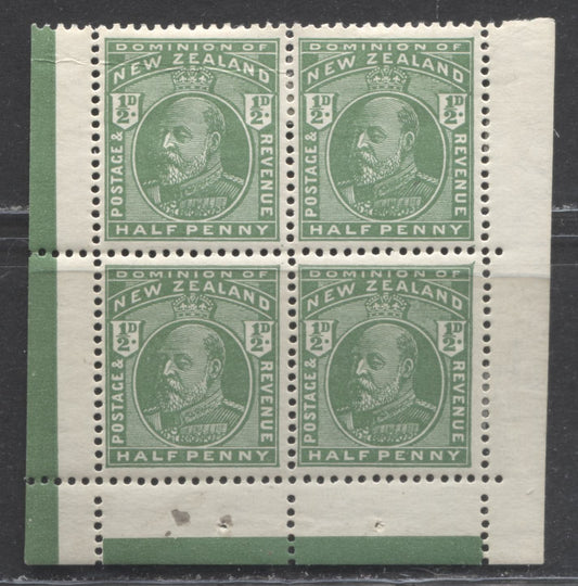 Lot 89 New Zealand SC#130a 1/2d Green 1909-1916 King Edward VII Definitive Issue, A VFOG Partial Booklet Pane of 4, 2022 Scott Classic Cat. $250 USD For the Full Pane of 6, Click on Listing to See ALL Pictures
