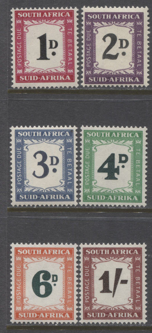 Lot 89 South Africa SG#D39-D44, 1950-1958 Rotogravure Bilingual Postage Dues, A Complete Fine NH and VFNH Set, Perf 15 x 14, Mult Springbok's Head Watermark, SG. Cat. 37 GBP = $63.64