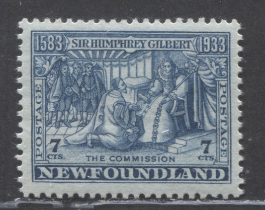 Lot 89 Newfoundland #217 7c Blue Gilbert Receiving Royal Patents, 1933 Sir Humphrey Gilbert Issue, A VFNH Single