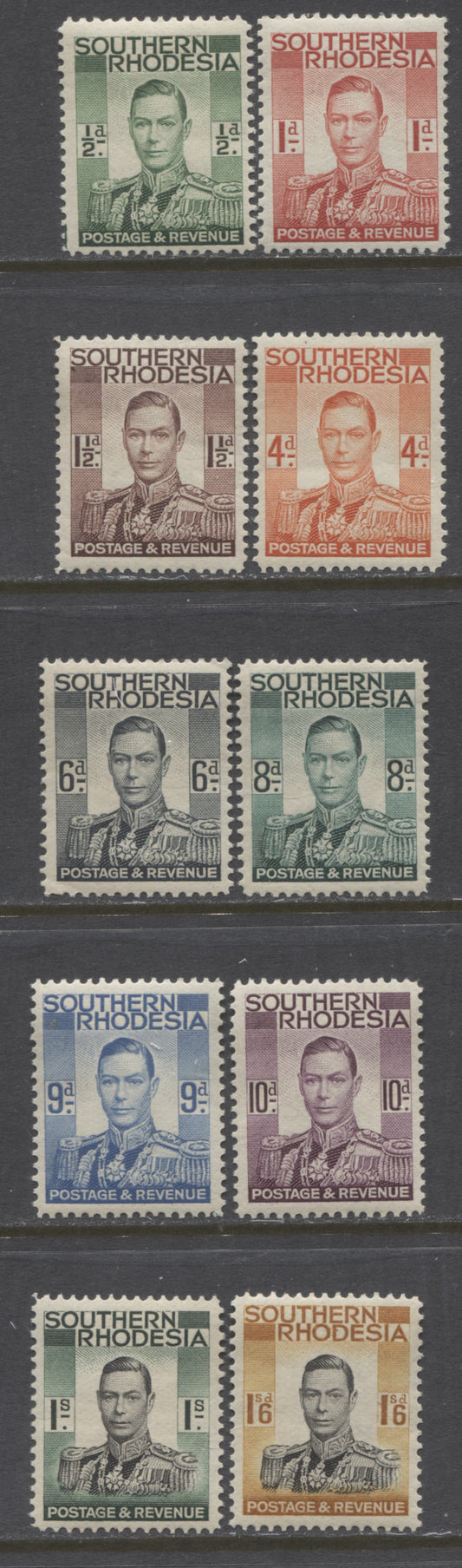 Lot 90 Southern Rhodesia SG#40-49, 1937 KGVI Pictorial Issue, A Partial Set Of VFNH Singles to the 1/6d, Perf 14, SG. Cat. 32.35 GBP = $55.47