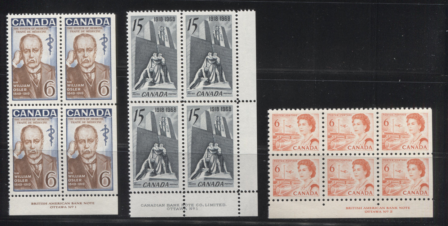 Lot 90 Canada #459, 486, 495 6c & 15c Orange - Dark Blue & Light Red Brown Queen Elizabeth II - Sir William Osler, 1967-1972 Commemoratives & Definitives, 3 VFNH LR & Bottom Margin Plate 1-2 Blocks Of 4 & 6 On Dull Fluorescent Papers