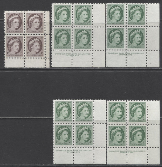 Lot 90 Canada #337-338 1c & 2c Violet Brown & Green Queen Elizabeth II, 1954 Wilding Issue, 5 Fine NH and VFNH LR Plates 5-8 & Blank Blocks Of 4
