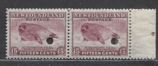 Lot 90 Newfoundland #262p 15c Pale Rose Violet Harp Seal Pup, 1941-1944 Second Resources Issue, A Very Fine Unused Pair, Requisition Proof With Archival Tape Across Top