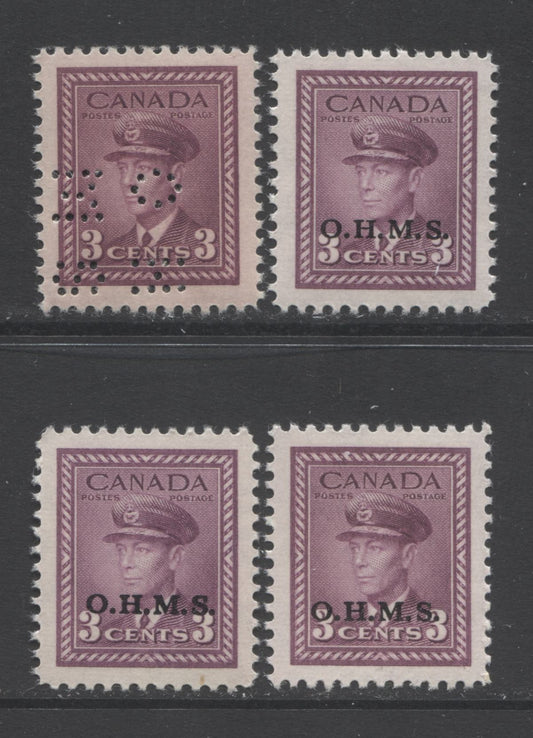 Lot 90 Canada #O3 3c Rose Violet King George VI, 1942-1943 War Issue OHMS Overprint, 4 VFNH Singles With Different Papers, Shades & Gums