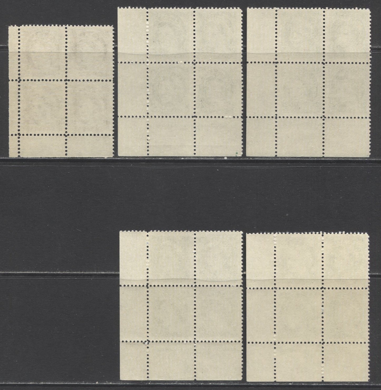 Lot 90 Canada #337-338 1c & 2c Violet Brown & Green Queen Elizabeth II, 1954 Wilding Issue, 5 Fine NH and VFNH LR Plates 5-8 & Blank Blocks Of 4