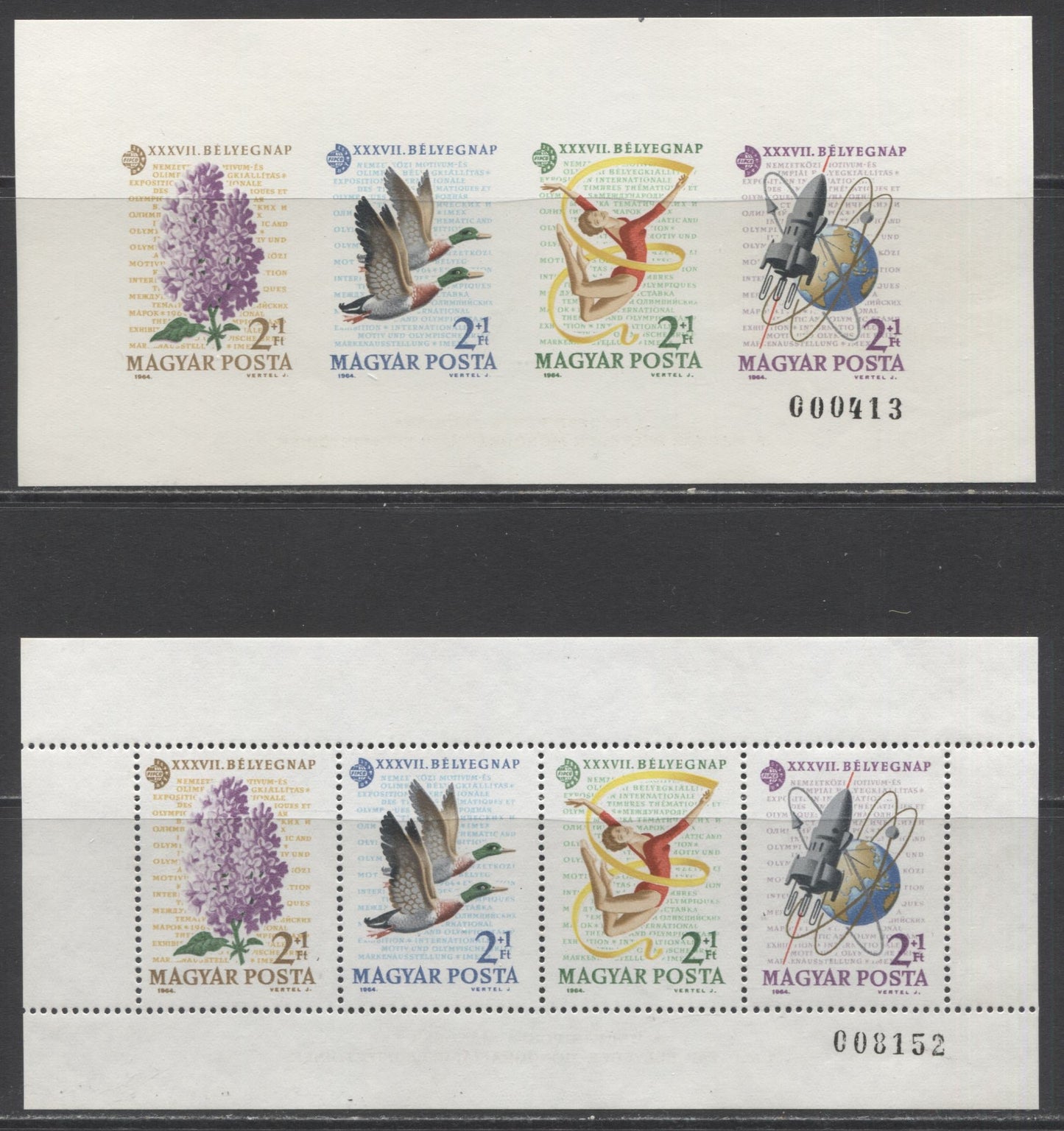 Lot 90 Hungary SC#B239-B242b 1964 37th Stamp Day & Int Topical Stamp Exhibition Semipostals, A VFNH Range Of Perf & Imperf Souvenir Sheets, 2017 Scott Cat. $52.3 USD, Click on Listing to See ALL Pictures