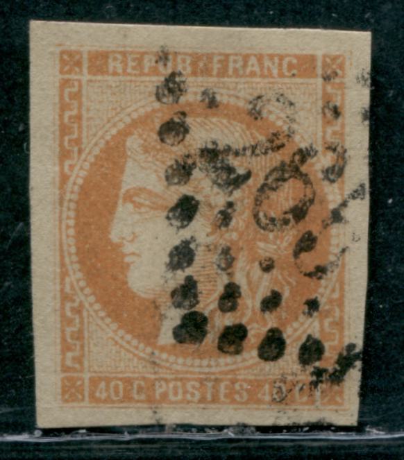 Lot 9 France SC#47a 40c Yellow Orange on Yellowish 1870-1871 Imperforate Bordeaux Issue, A Fine Used Example, Net Estimated Value $110, Click on Listing to See ALL Pictures