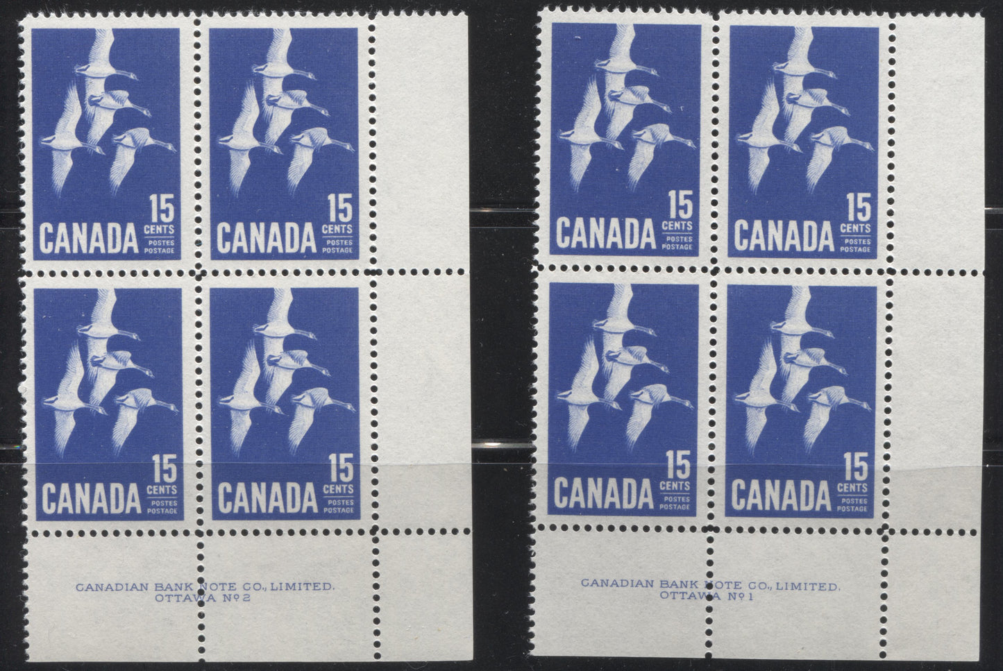 Lot 9 Canada #415 15c Ultramarine Canada Goose, 1963-1967 Cameo Issue, 2 VFNH LR Plates 1-2 Blocks Of 4