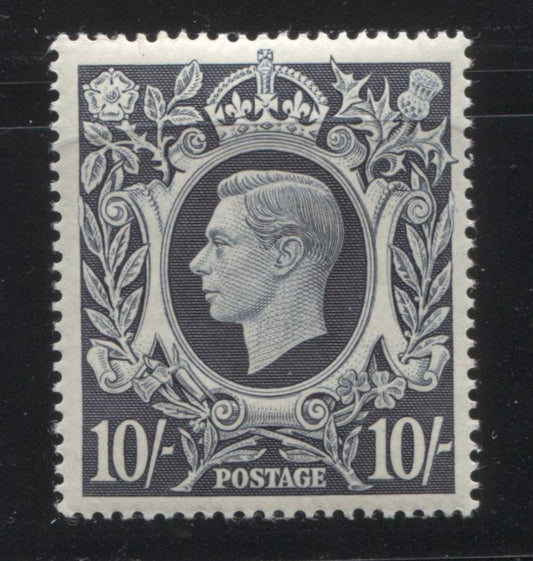 Lot 9 Great Britain SG#478 10/- Indigo, 1937-1948 King George VI High Value "Arms" Definitives, a VFNH Example, SG Cat. 260 GBP = $442