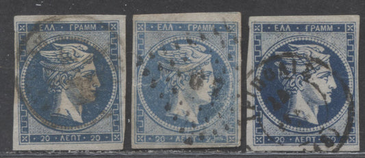 Lot 9 Greece SC#41-41b 1872-1875 Large Hermes Head Issue, Deep Blue, Blue & Dark Blue Shades On Blue Meshed Paper, 3 Fine Used Singles, Click on Listing to See ALL Pictures, Estimated Value $60 USD