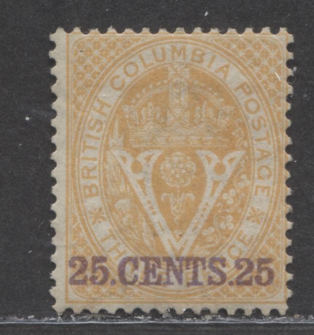 Lot 9 British Columbia #11 25c On 3d Orange Seal Of BC, 1867-1871 Surcharge Issue, A Fine Unused Single, Perf 14
