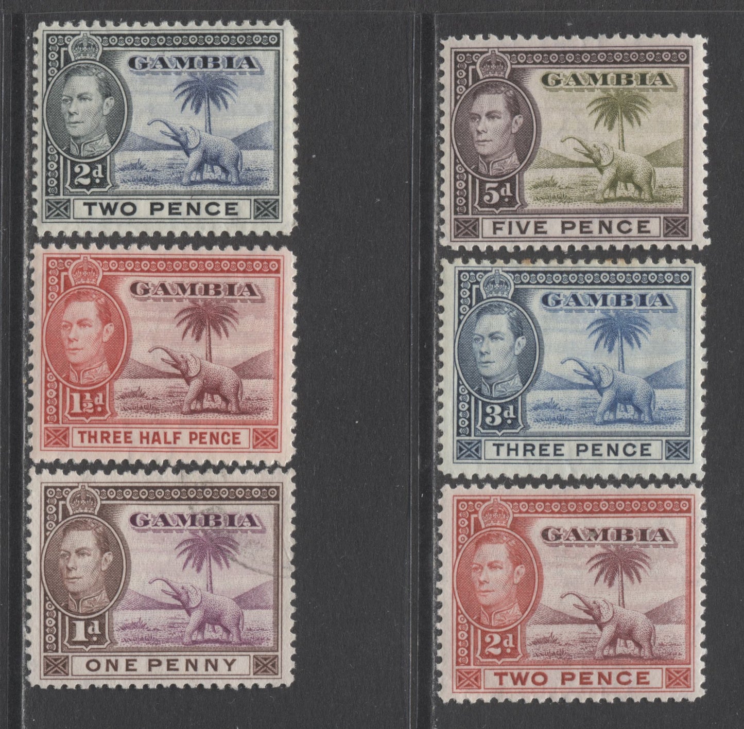 Lot 9 Gambia SC#133-136a 1938-1946 KGVI & Elephant Badge Definitives, A F/VFOG and Used Range Of Singles, 2017 Scott Cat. $10.65 USD, Click on Listing to See ALL Pictures