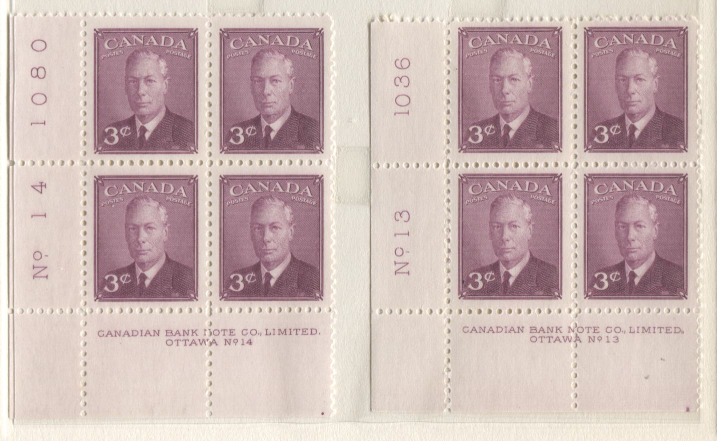 Lot 9 Canada #286 3c Rose Violet King George VI, 1949 Postes-Postage Issue, 6 VFNH LL Plates 9-14 Blocks Of 4