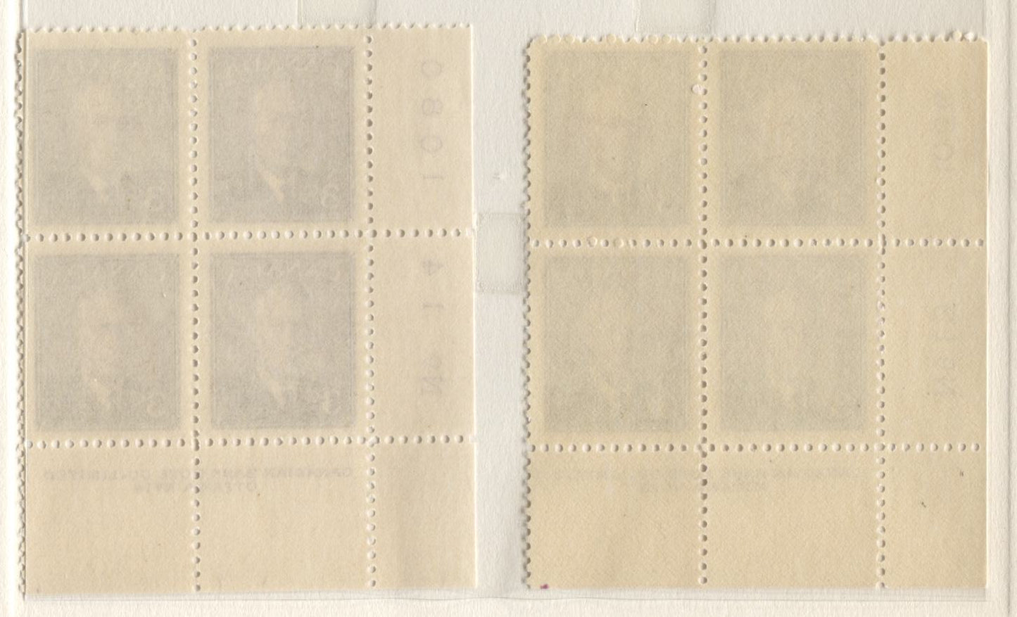 Lot 9 Canada #286 3c Rose Violet King George VI, 1949 Postes-Postage Issue, 6 VFNH LL Plates 9-14 Blocks Of 4