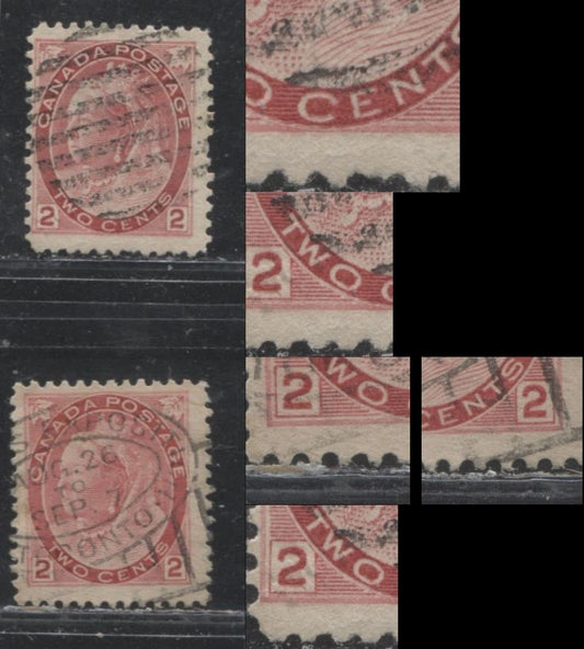 Lot 90 Canada #77 2c Carmine Red Queen Victoria, 1898-1902 Numeral Issue, 2 Fine Used Examples, Vertical Wove With Major Re-Entries, Die 1