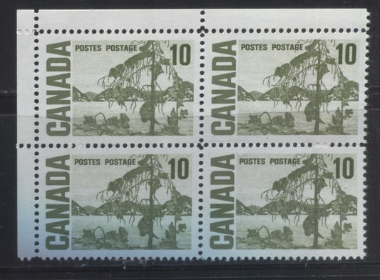 Lot 91 Canada #462iii 10c Olive Green Jack Pine, 1967-1973 Centennial Definitive Issue, A VFNH UL Field Stock Block Of 4 On HB12 Vertical Wove, Vertical Ribbed Paper With Black Ink Under UV And Spotty White Gum