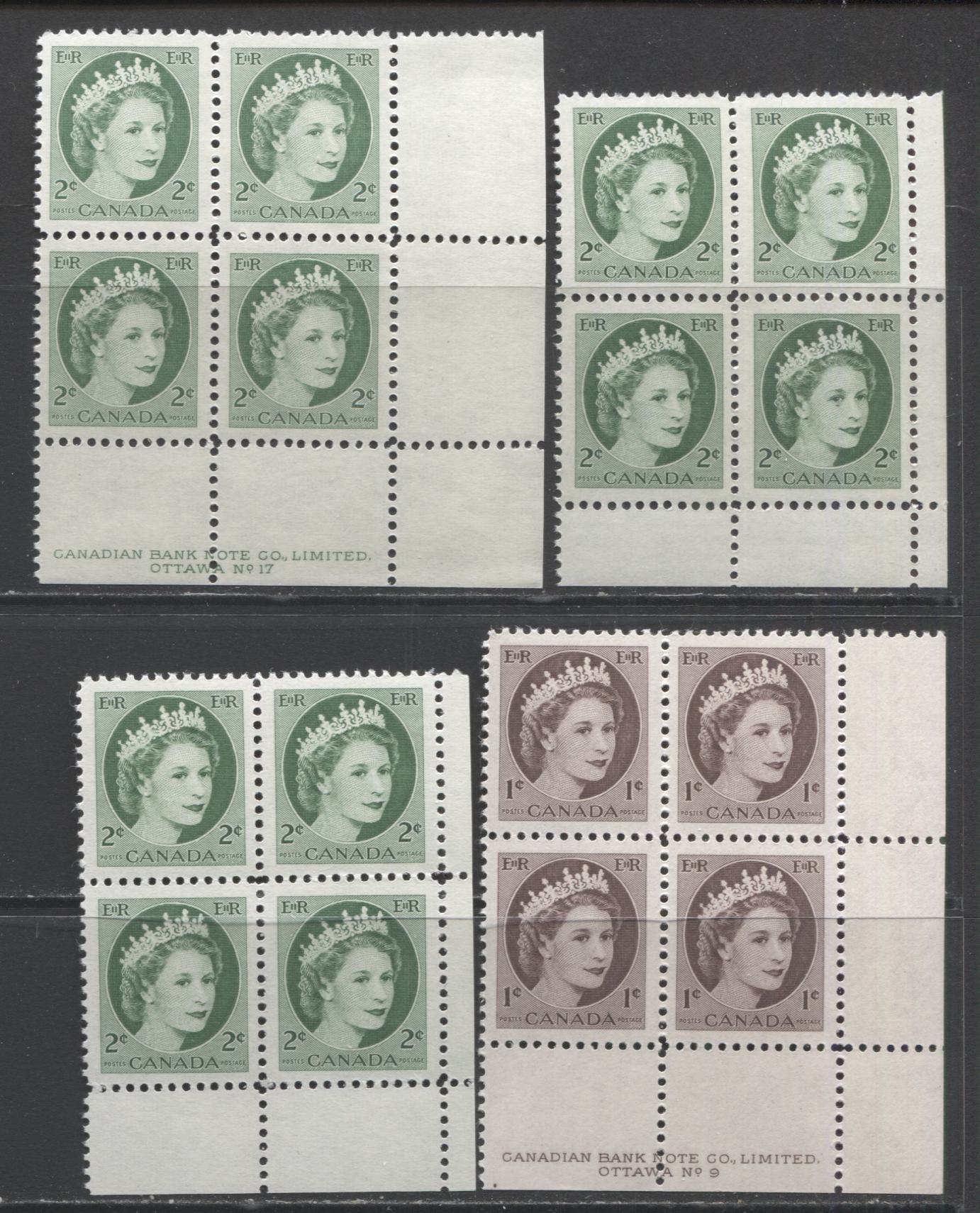 Lot 91 Canada #337-338 1c & 2c Violet Brown & Green Queen Elizabeth II, 1954 Wilding Issue, 4 VFNH LR Plates 9, 17 & Blank Blocks Of 4