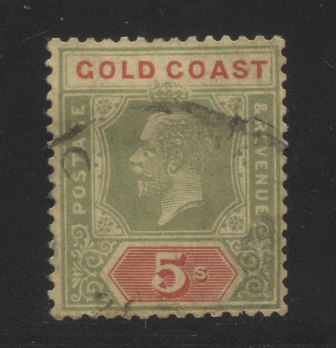 Lot 91 Gold Coast SC#93 5sh Green & Red 1921-1925 King George V Multiple Script CA Imperium Keyplates, A Fair Used Example, Click on Listing to See ALL Pictures