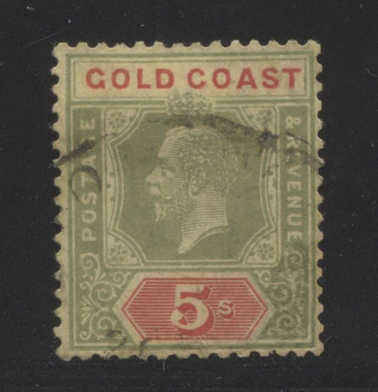 Lot 91 Gold Coast SC#93 5sh Green & Red 1921-1925 King George V Multiple Script CA Imperium Keyplates, A Fair Used Example, Click on Listing to See ALL Pictures