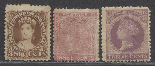 Lot 91 PEI #10, 13, 16 4.5d, 3c & 12c Brown, Rose & Violet Queen Victoria, 1870-1873 Fourth Pence & Cents Issues, 3 Good-Very Good Unused & OG Singles