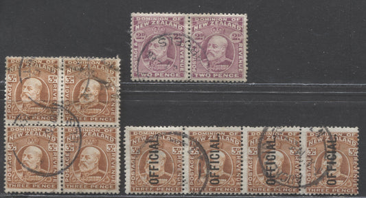 Lot 91 New Zealand SC#132/O35 1909-1916 King Edward VII Definitive & Official Issues, A F/VF Used Range Of Pairs, Block Of 4, Strip Of 4, 2017 Scott Cat. $27.1 USD, Click on Listing to See ALL Pictures